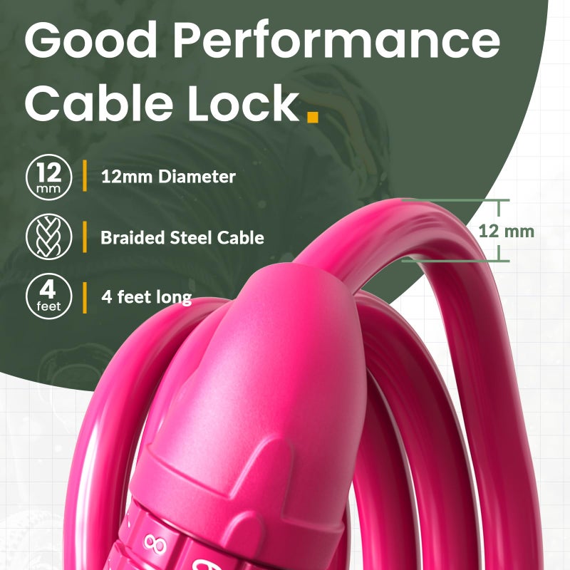 Titanker Bike Lock, 4 Feet Security Resettable Combination Coiling Bike Cable Locks with Mounting Bracket, 1/2 Inch Diameter (Pink) - Image 3