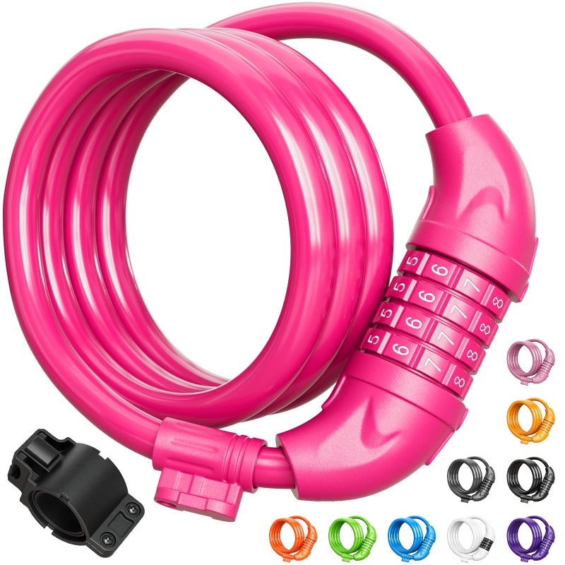 Titanker Bike Lock, 4 Feet Security Resettable Combination Coiling Bike Cable Locks with Mounting Bracket, 1/2 Inch Diameter (Pink) - Image 1