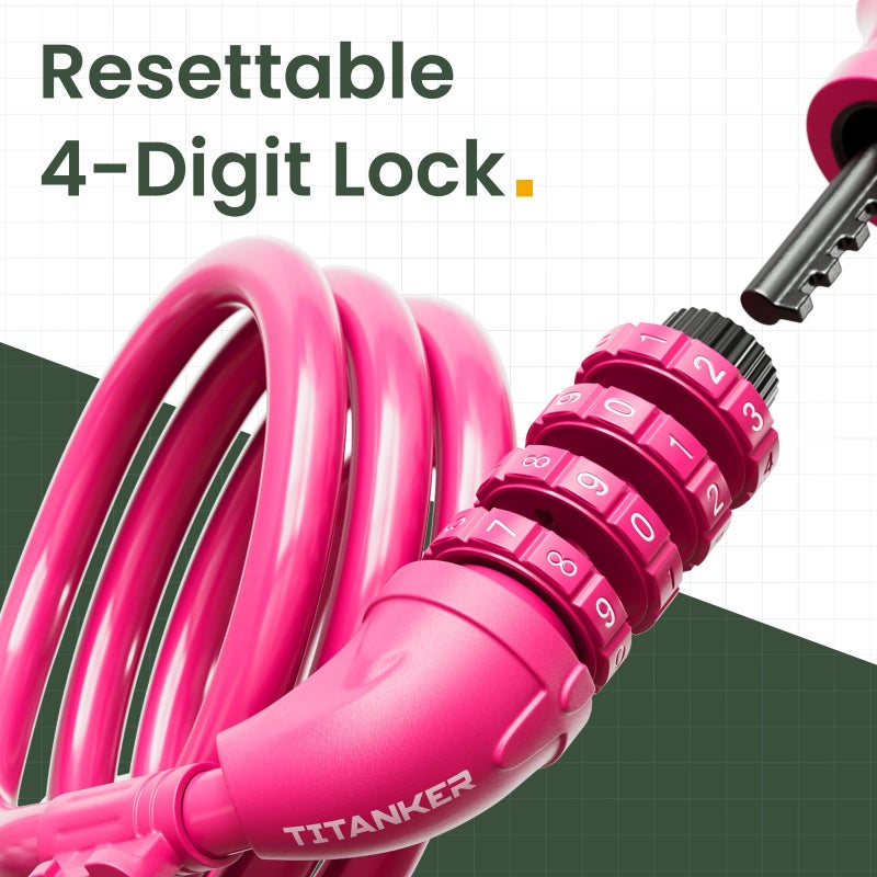 Titanker Bike Lock, 4 Feet Security Resettable Combination Coiling Bike Cable Locks with Mounting Bracket, 1/2 Inch Diameter (Pink) - Image 2