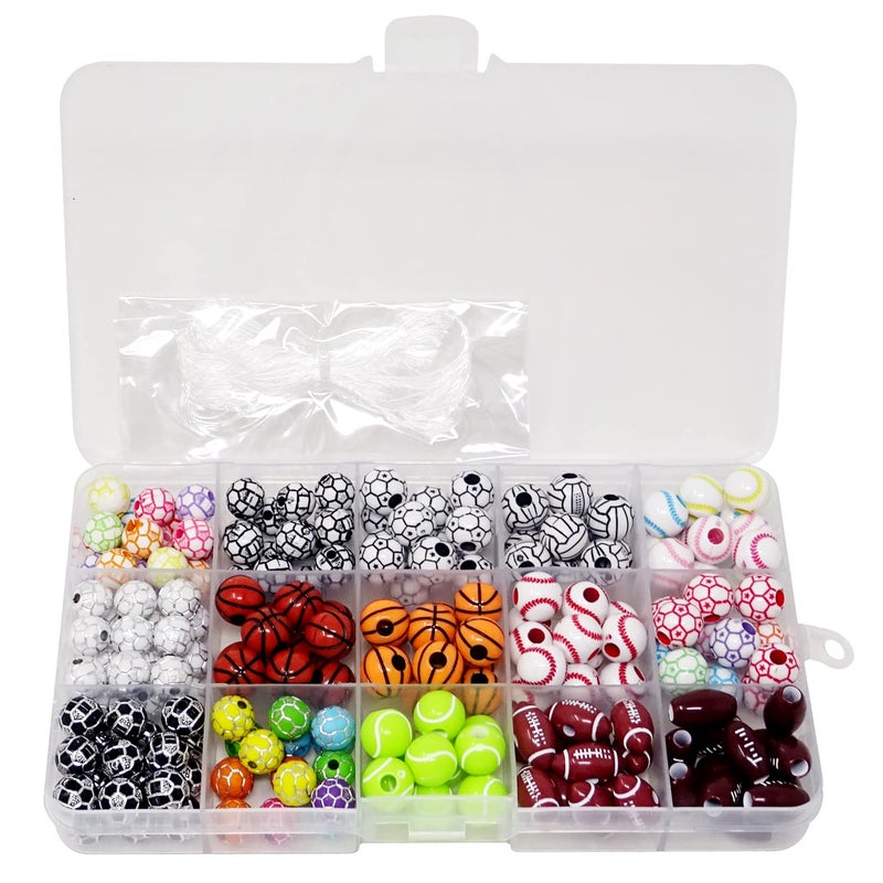 Honbay 15 Styles of Round Acrylic Sports Ball Beads Basketball Tennis Volleyball Baseball Rugby Soccer Beads for Bracelet Necklace Earring Jewelry Making with 1 Roll of Elastic Rope and a Plastic Box