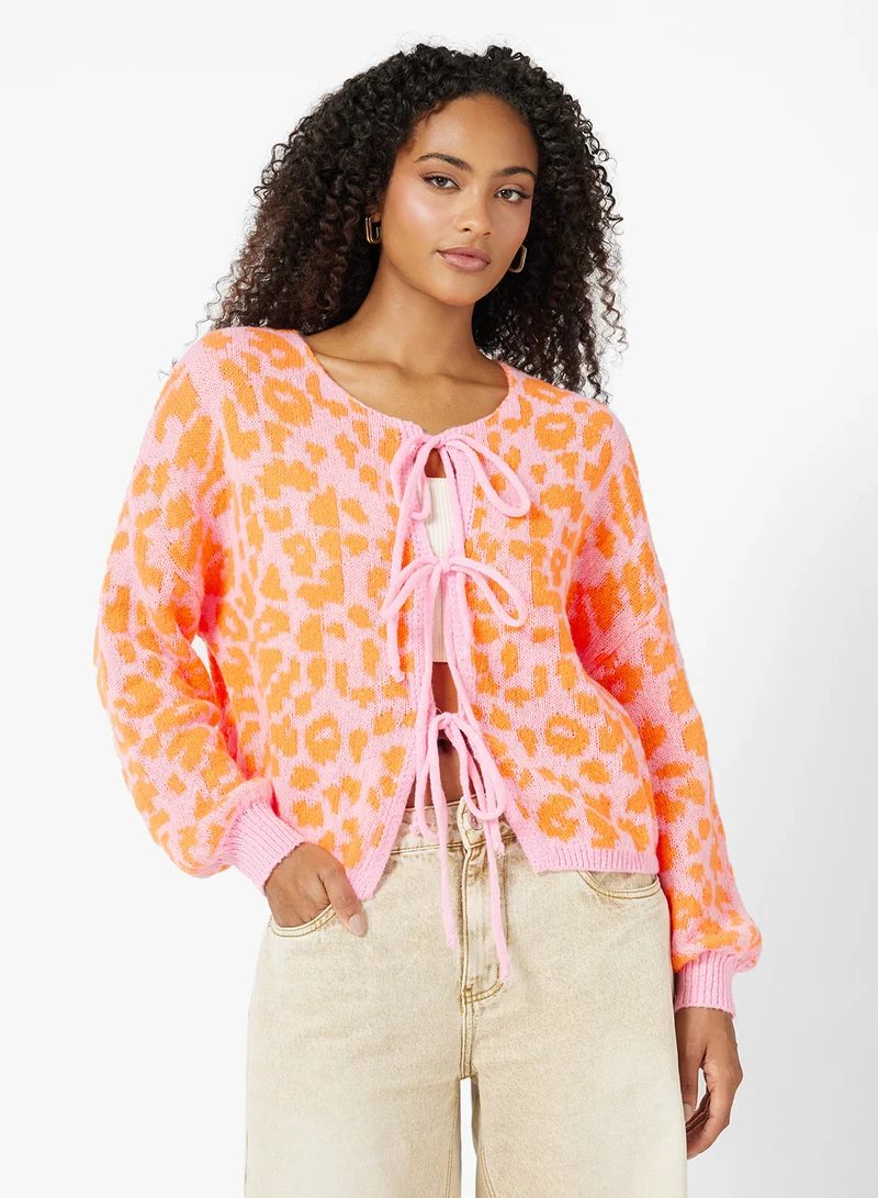 جينجر Leopard Print Bow Detail Cardigan