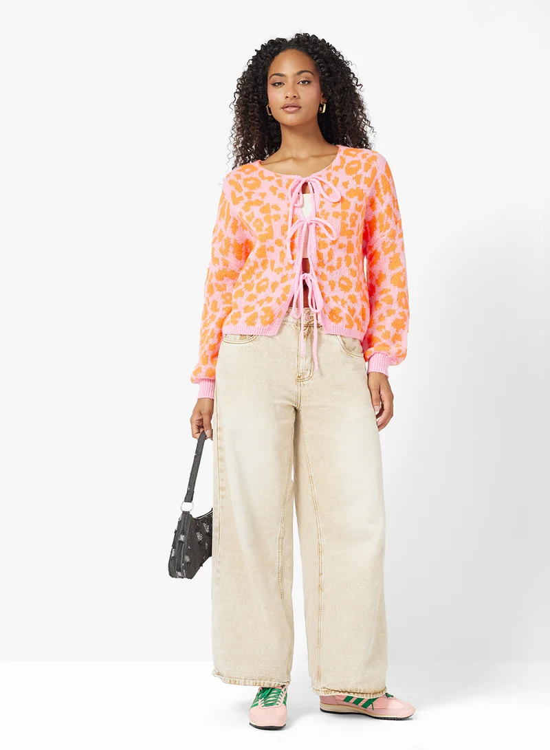 Ginger Leopard Print Bow Detail Cardigan