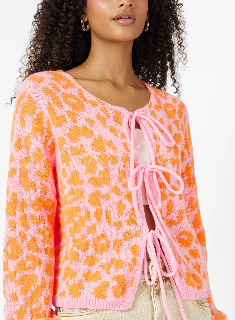 Ginger Leopard Print Bow Detail Cardigan