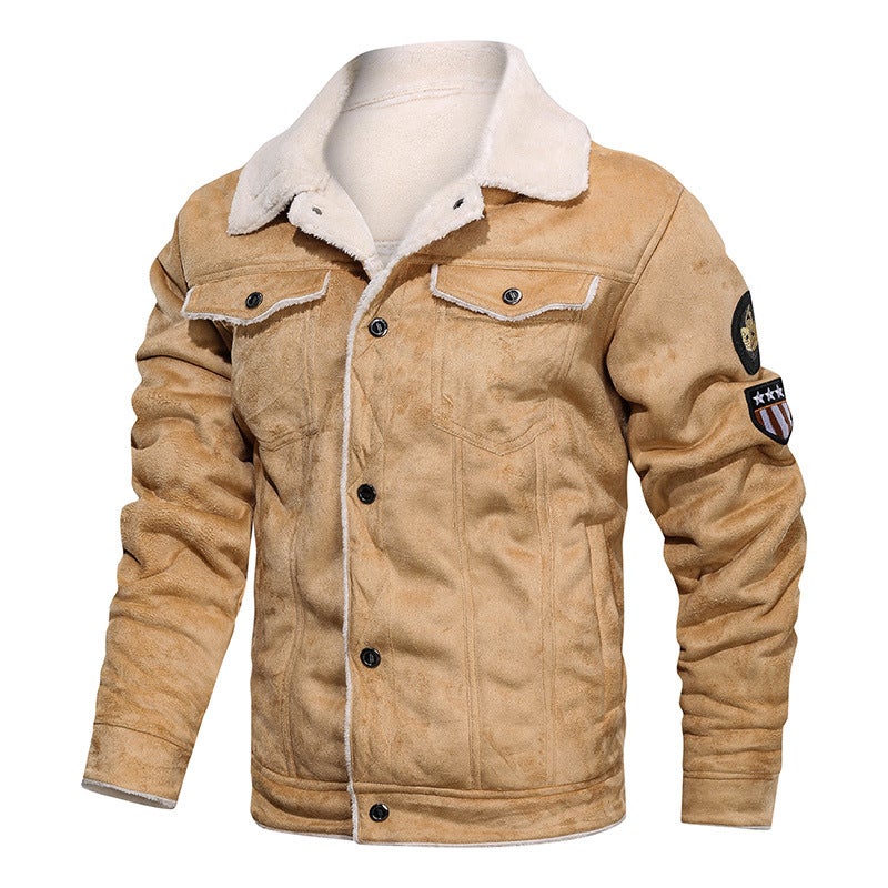 Mens Plus Size Velvet Leather Jacket Khaki 