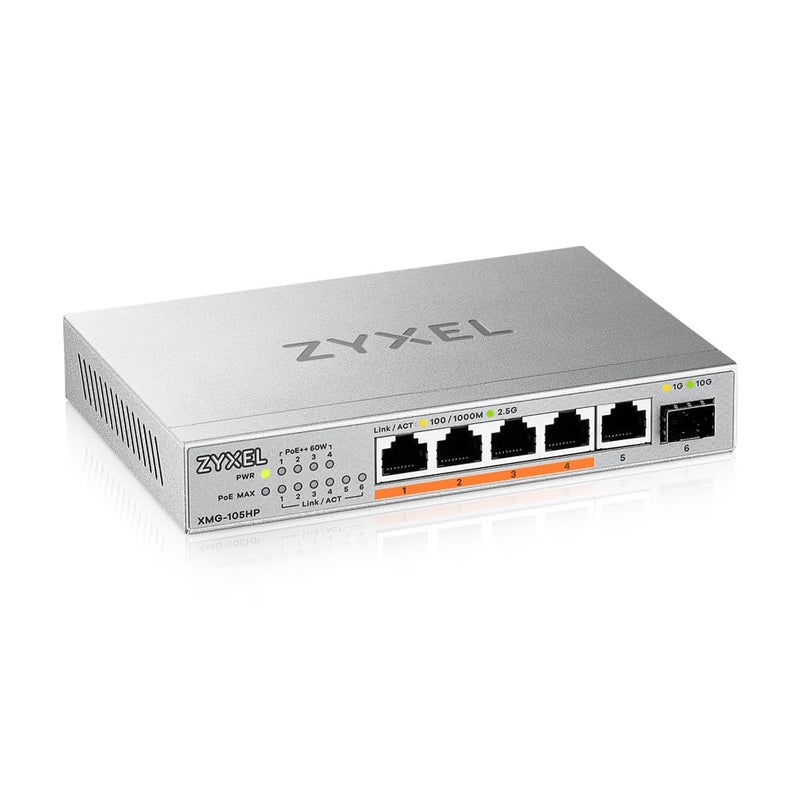 Zyxel 5-Port 2.5Gb MultiGig Switch | 5X 100/1G/2.5G Ports + 1x 10G SFP+ | 4X PoE++ Ports | 70W Budget | Plug & Play | Desktop or Wall-Mount [XMG-105HP] - Image 1