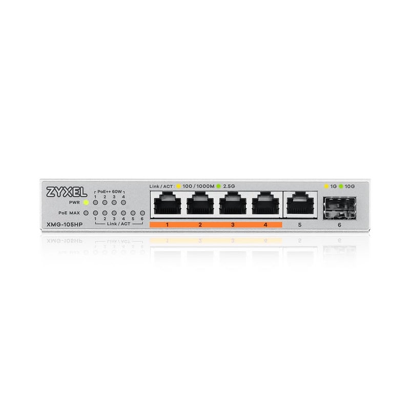 Zyxel 5-Port 2.5Gb MultiGig Switch | 5X 100/1G/2.5G Ports + 1x 10G SFP+ | 4X PoE++ Ports | 70W Budget | Plug & Play | Desktop or Wall-Mount [XMG-105HP] - Image 2