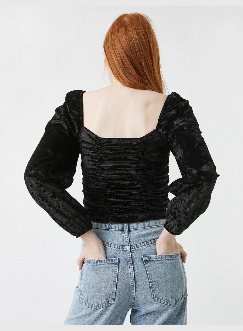 KOTON U Neck Long Sleeve Shirred Blouse