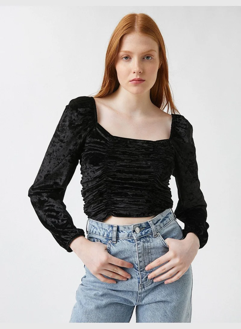 KOTON U Neck Long Sleeve Shirred Blouse