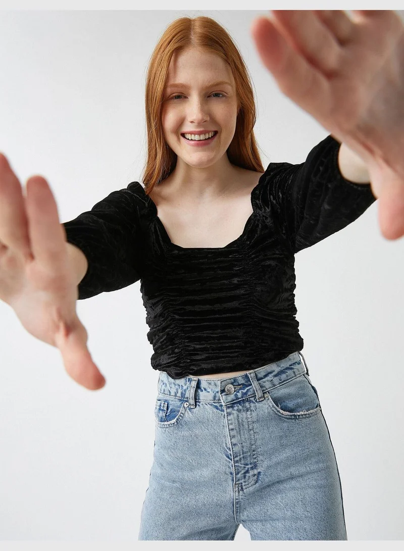 KOTON U Neck Long Sleeve Shirred Blouse