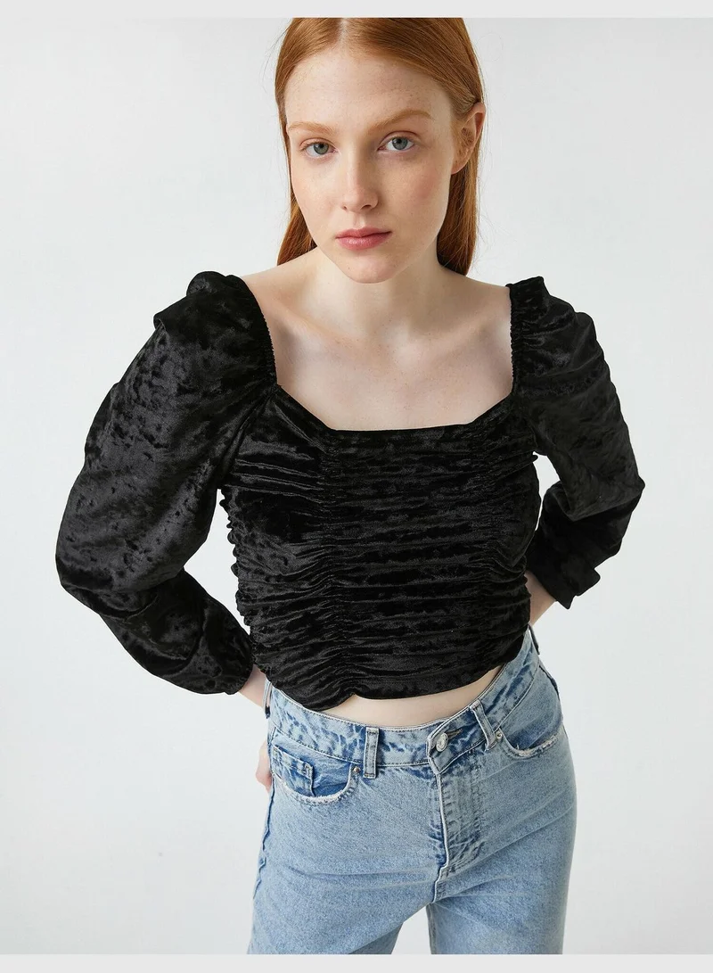 KOTON U Neck Long Sleeve Shirred Blouse