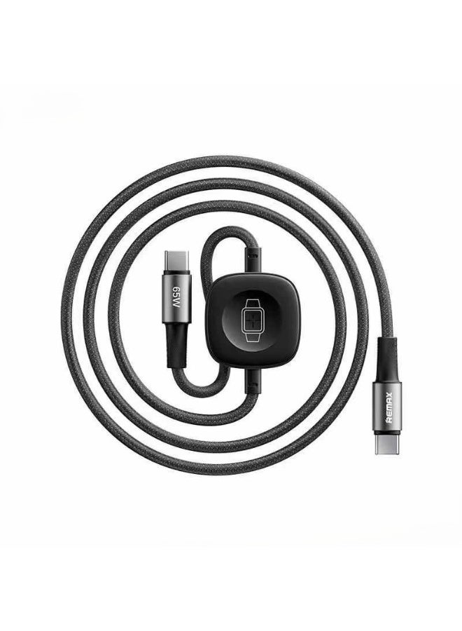 ريماكس Remax كابل شحن سريع USB-C إلى USB-C بقوة 65 واط مع شاحن لاسلكي لساعة أبل – كابل مضفر بطول 1.2 متر (أسود) - Image 2