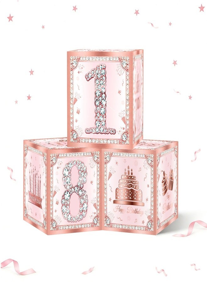 Fantspati 18th Birthday Decorations Boxes for Girls, 3PCS Happy 18th Birthday Balloons Boxes, Pink Rose Gold Theme Cardboard Box Supplies, Bday Theme Cardboard Box Table Decorations, Cube Boxes Party Supplies - Image 1
