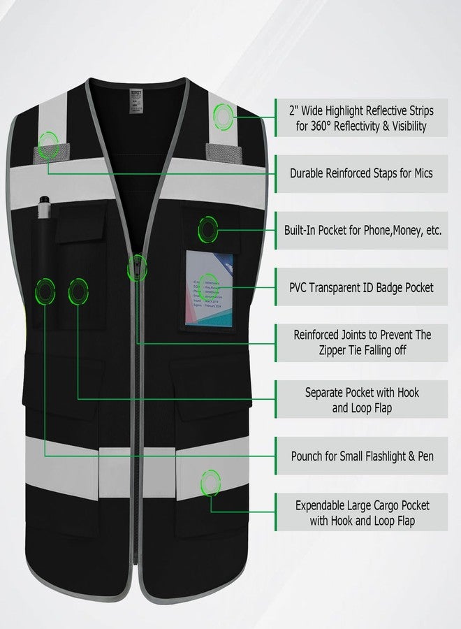 TCCFCCT High Visibility Vest 5 Pockets Reflective Safety Work Vest with High Reflective Strips, Meets ANSI/ISEA Standards, Black, XL - Image 3