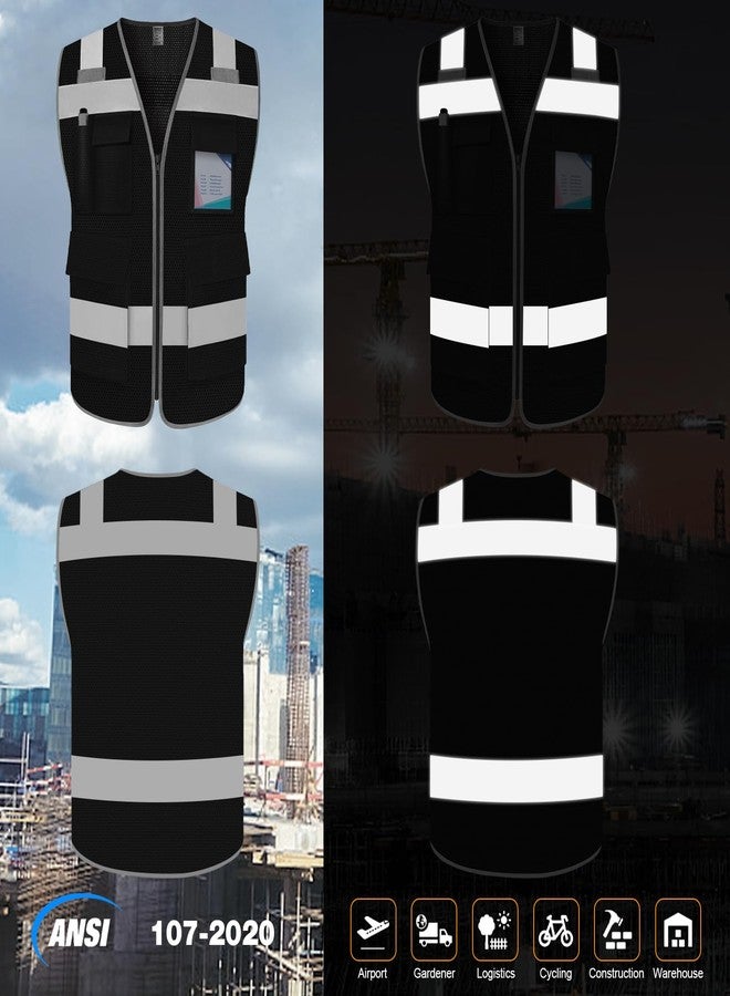 TCCFCCT High Visibility Vest 5 Pockets Reflective Safety Work Vest with High Reflective Strips, Meets ANSI/ISEA Standards, Black, XL - Image 2