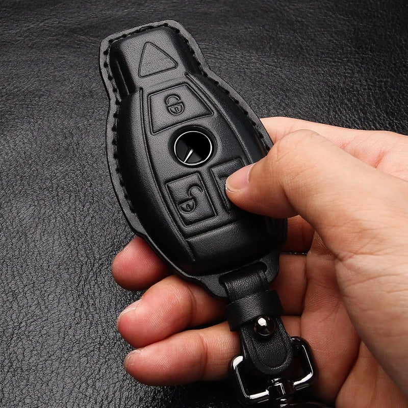 Tukellen for Mercedes Benz Key fob Cover Genuine Leather with Keychain,Leather Key case Protector Compatible C E M S CLS CLK GLK GLC G AMG Series Smart Remote Key,Black - Image 5