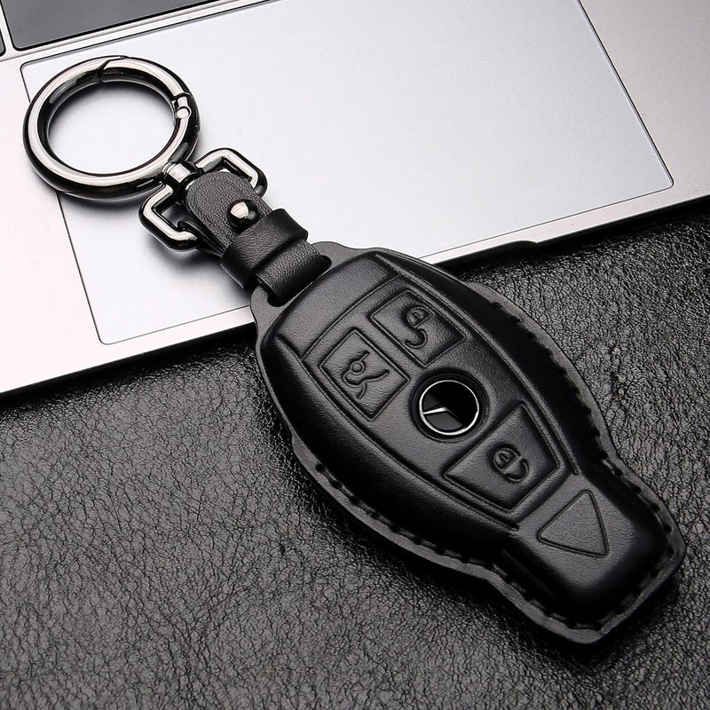 Tukellen for Mercedes Benz Key fob Cover Genuine Leather with Keychain,Leather Key case Protector Compatible C E M S CLS CLK GLK GLC G AMG Series Smart Remote Key,Black - Image 3