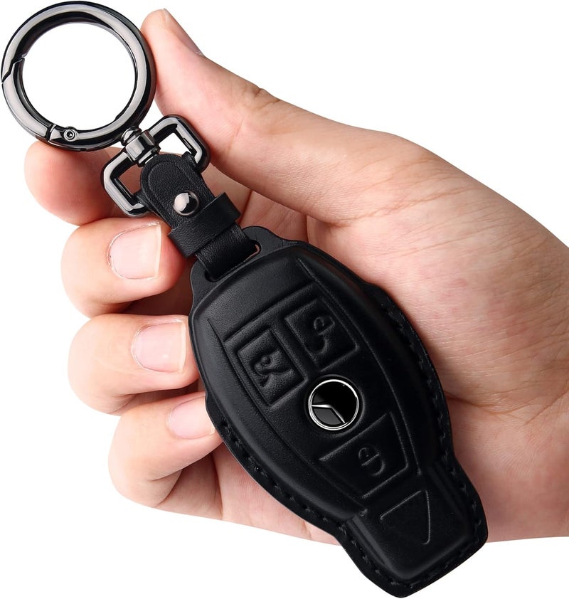 Tukellen for Mercedes Benz Key fob Cover Genuine Leather with Keychain,Leather Key case Protector Compatible C E M S CLS CLK GLK GLC G AMG Series Smart Remote Key,Black - Image 1