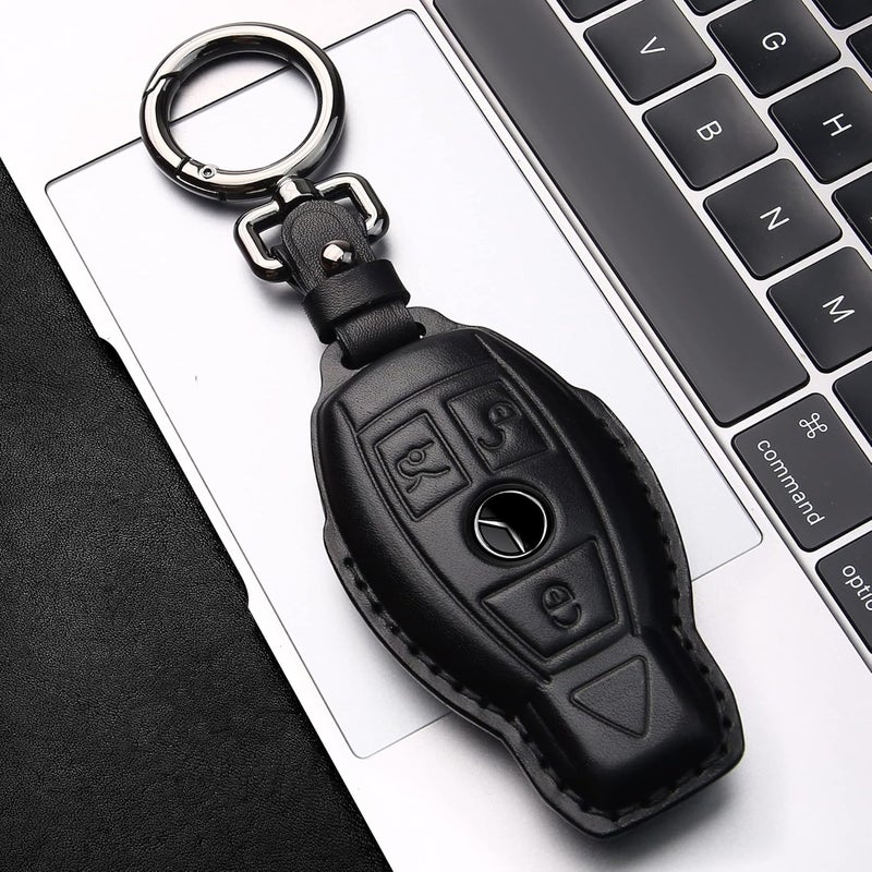 Tukellen for Mercedes Benz Key fob Cover Genuine Leather with Keychain,Leather Key case Protector Compatible C E M S CLS CLK GLK GLC G AMG Series Smart Remote Key,Black - Image 4