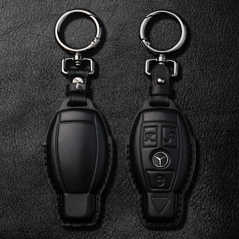 Tukellen for Mercedes Benz Key fob Cover Genuine Leather with Keychain,Leather Key case Protector Compatible C E M S CLS CLK GLK GLC G AMG Series Smart Remote Key,Black - Image 2
