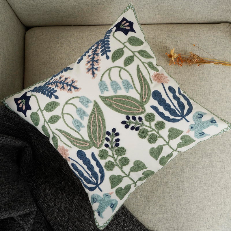 YOUR SMILE Pack of 2 Embroidered Decorative Throw Pillow Cover 18x18 Inch Farmhouse Floral Floor Pillowcase for Couch Living Room Sofa Bed,Tropical Green Leaves - Image 4