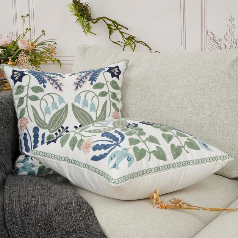 YOUR SMILE Pack of 2 Embroidered Decorative Throw Pillow Cover 18x18 Inch Farmhouse Floral Floor Pillowcase for Couch Living Room Sofa Bed,Tropical Green Leaves - Image 3