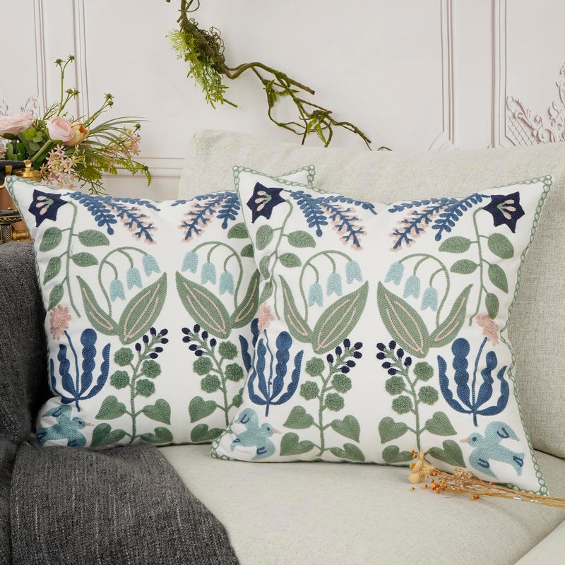 YOUR SMILE Pack of 2 Embroidered Decorative Throw Pillow Cover 18x18 Inch Farmhouse Floral Floor Pillowcase for Couch Living Room Sofa Bed,Tropical Green Leaves - Image 2