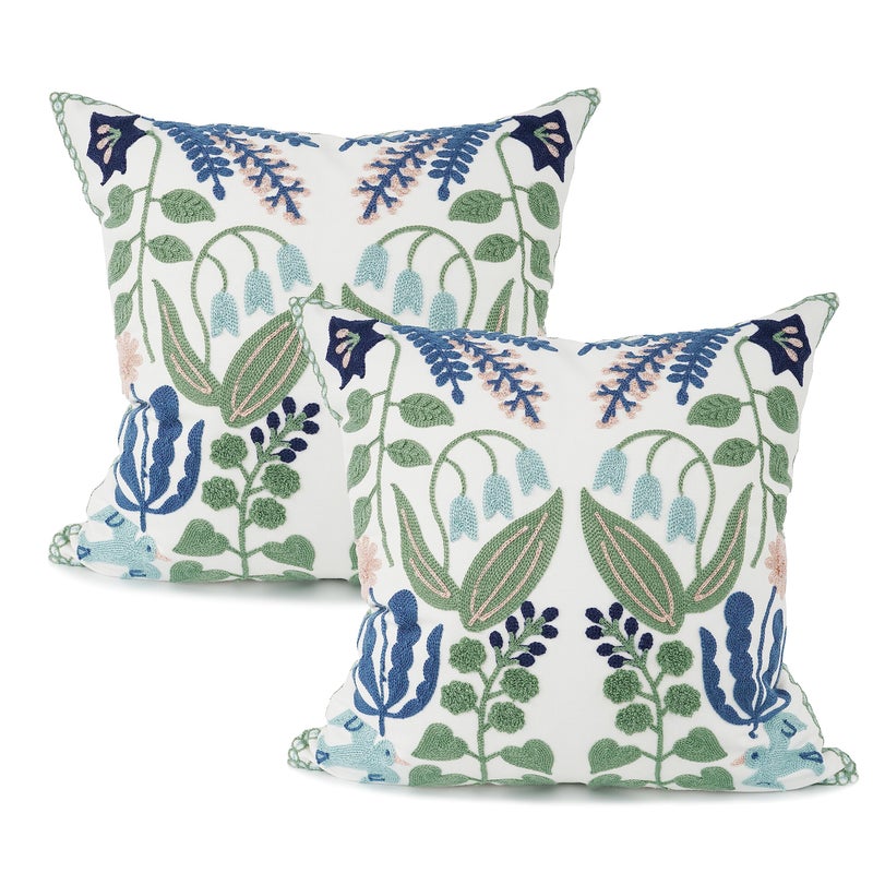 YOUR SMILE Pack of 2 Embroidered Decorative Throw Pillow Cover 18x18 Inch Farmhouse Floral Floor Pillowcase for Couch Living Room Sofa Bed,Tropical Green Leaves - Image 1