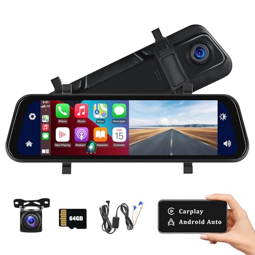 AMprime Rear View Mirror Camera with Carplay&Android Auto,9.66" 1080P Mirror Dash Cam Front and Rear with Voice Control,Night Vision,Parking Monitoring,Reverse Assist Free 64GB Card for Cars&Trucks - Image 1