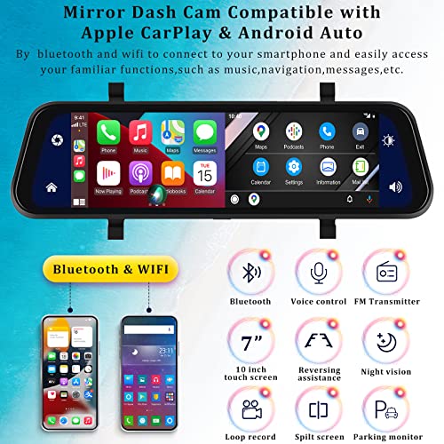 AMprime Rear View Mirror Camera with Carplay&Android Auto,9.66" 1080P Mirror Dash Cam Front and Rear with Voice Control,Night Vision,Parking Monitoring,Reverse Assist Free 64GB Card for Cars&Trucks - Image 2