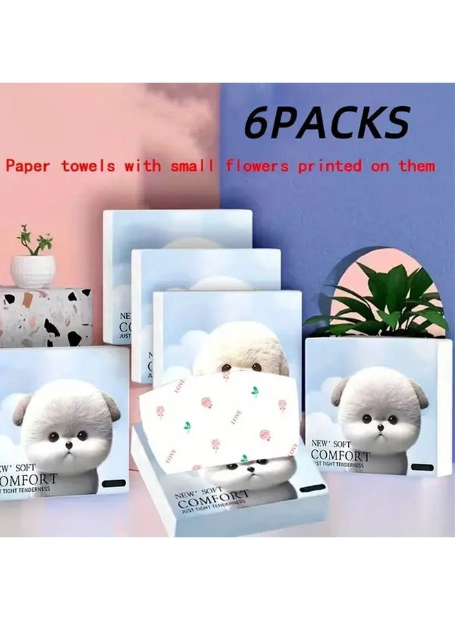 6 عبوات مناديل وجه ناعمة 4 طبقات مطبوعة بزهور حيوانات لطيفة، مغلفة بشكل فردي للسفر - Image 1
