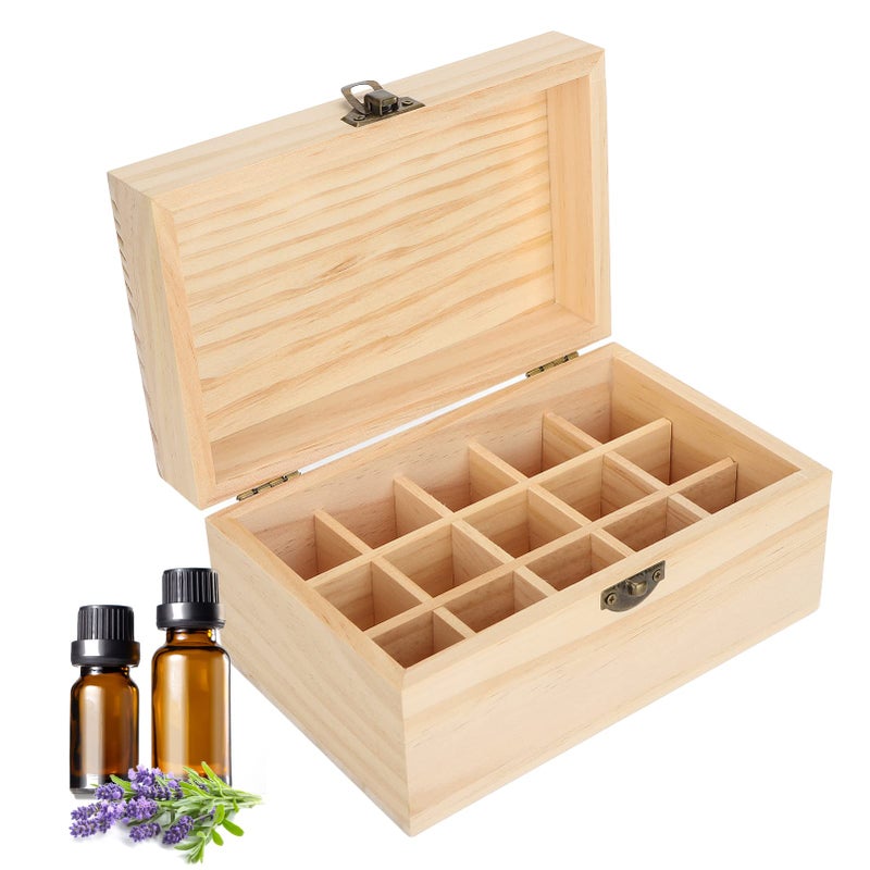 FILFEEL Wooden Essential Oil Bottle Storage Box, Large Capacity 15 Slot Essential Oil Storage Case Pine Wood Essential Oils Organizer Holder for Home, 18.2 x 11.5 x 9 cm - Image 1