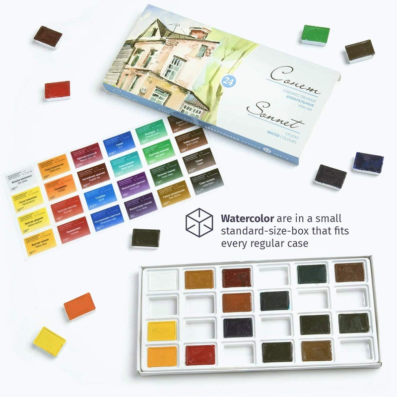 Sonnet Student Grade Watercolor Paint Set 24 Full Pans 2.5ml Vibrant Colors for Artists and Beginners in Cardboard Box by Nevskaya Palitra - Image 3