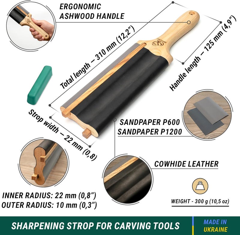BeaverCraft LS5P1 Wood Carving Strop Wood Carving Gouge Hook Knife Sharpening Honing Tools Strop Stropping Kit Leather Paddle Strop Spoon Carving Tools Sharpening Kit Sharpener with Polishing Compound - Image 3