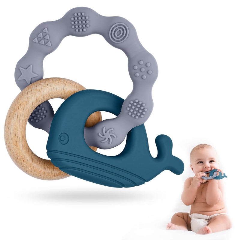 Vicloon Baby Teether Toys Silicone  Natural Wood Teether Ring Baby Teething Toys for Babies 3 Months Silicone Chewable Rings for Newborn GiftBlue - Image 1