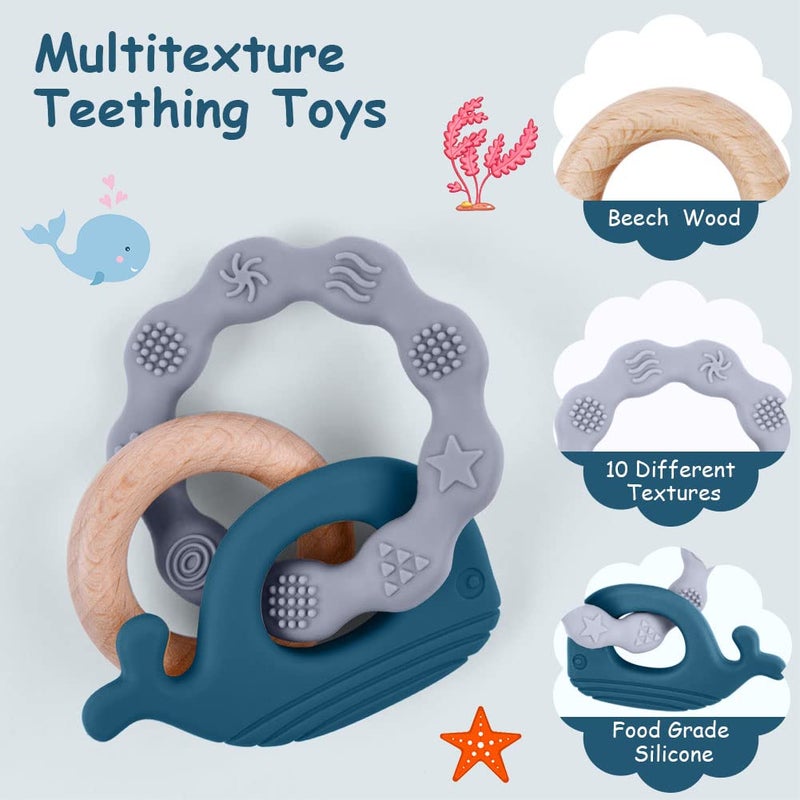 Vicloon Baby Teether Toys Silicone  Natural Wood Teether Ring Baby Teething Toys for Babies 3 Months Silicone Chewable Rings for Newborn GiftBlue - Image 3