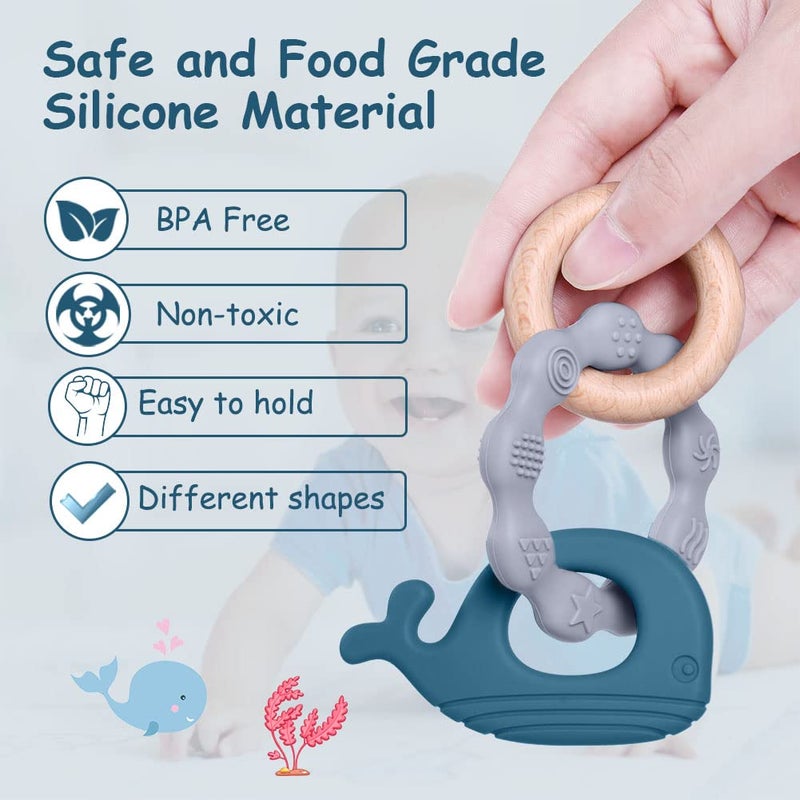 Vicloon Baby Teether Toys Silicone  Natural Wood Teether Ring Baby Teething Toys for Babies 3 Months Silicone Chewable Rings for Newborn GiftBlue - Image 5