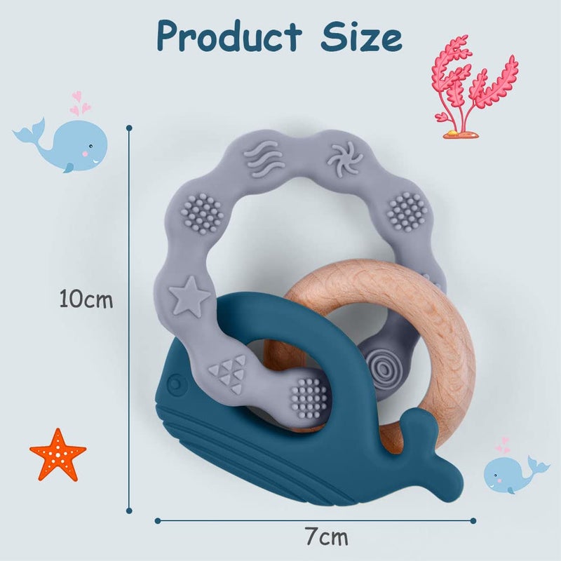 Vicloon Baby Teether Toys Silicone  Natural Wood Teether Ring Baby Teething Toys for Babies 3 Months Silicone Chewable Rings for Newborn GiftBlue - Image 2