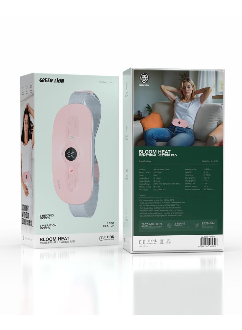 GREEN LION Bloom Heat Menstrual Heating Pad / Heating Massager for Period Cramps & Pain / Fast Heat Up in 3-Seconds with 6 Heating and Vibration Modes / Portable Heating Belt for Menstrual Colic Relief - Pink - Image 4
