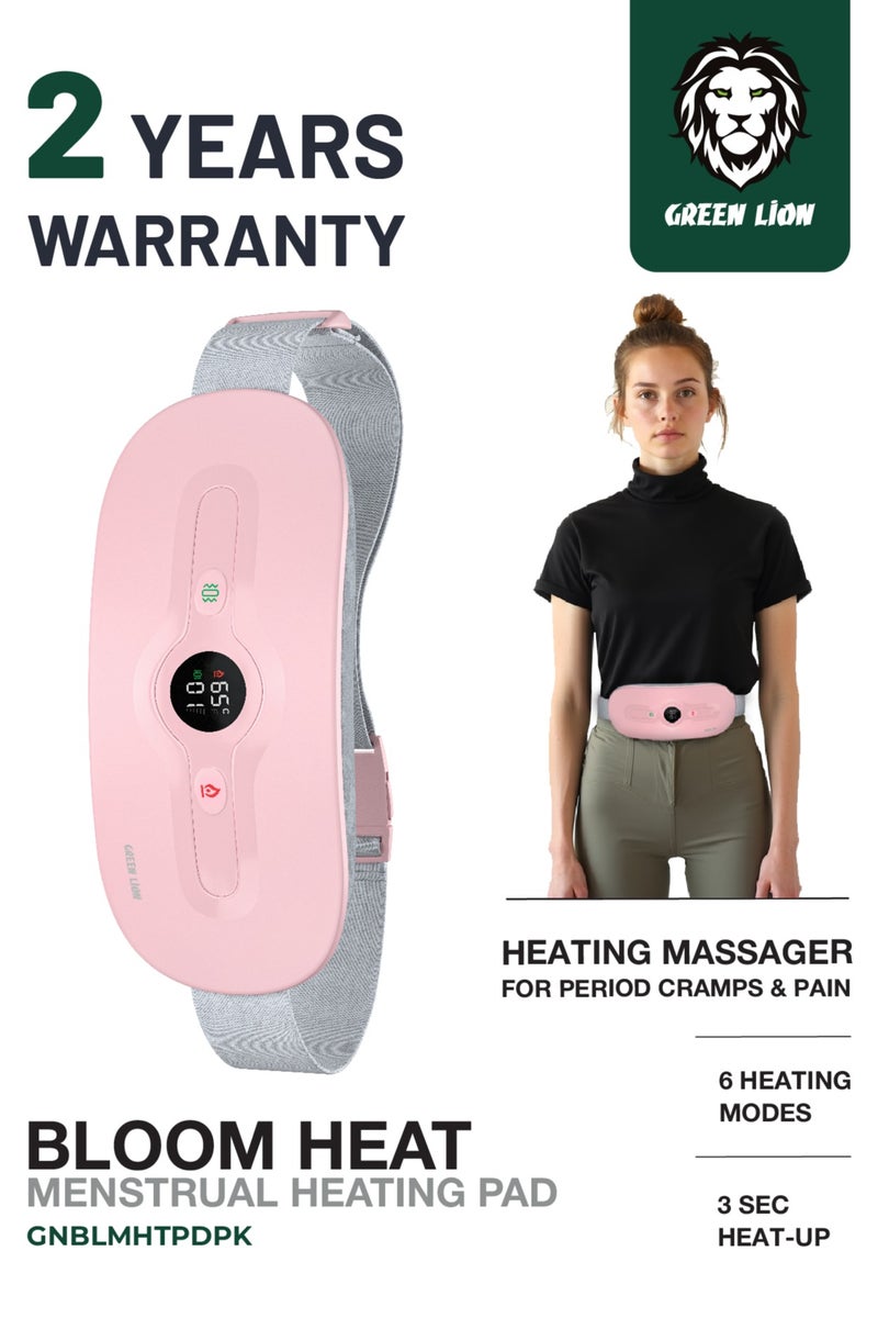 GREEN LION Bloom Heat Menstrual Heating Pad / Heating Massager for Period Cramps & Pain / Fast Heat Up in 3-Seconds with 6 Heating and Vibration Modes / Portable Heating Belt for Menstrual Colic Relief - Pink - Image 1