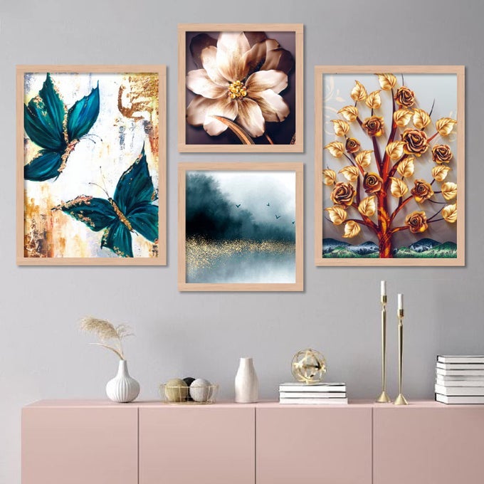 BEIGE COLOUR FRAMED ART PAINTING FOR LIVING ROOM BEDROOM OFFICE MODERN ART BUTTERFLY PAINTING FRAMED WALL HENGING 10 INCH X 13 INCH SET 4 CATE 5