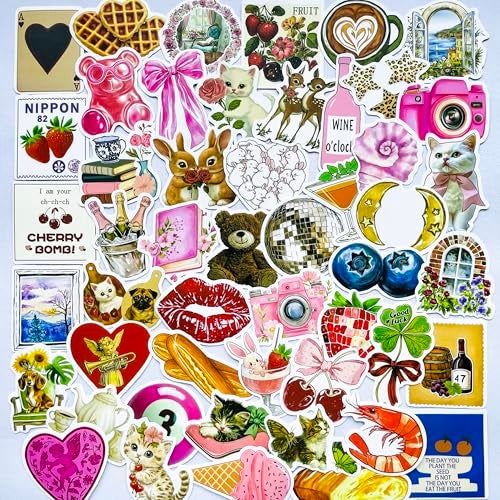 YOKSAS 50-Piece Cute Watercolor Vintage Y2K Pink Aesthetic Stickers – Kawaii Retro Floral, Animals, Food Decals for Scrapbooking, Journaling, Laptops, Water Bottles - Image 1