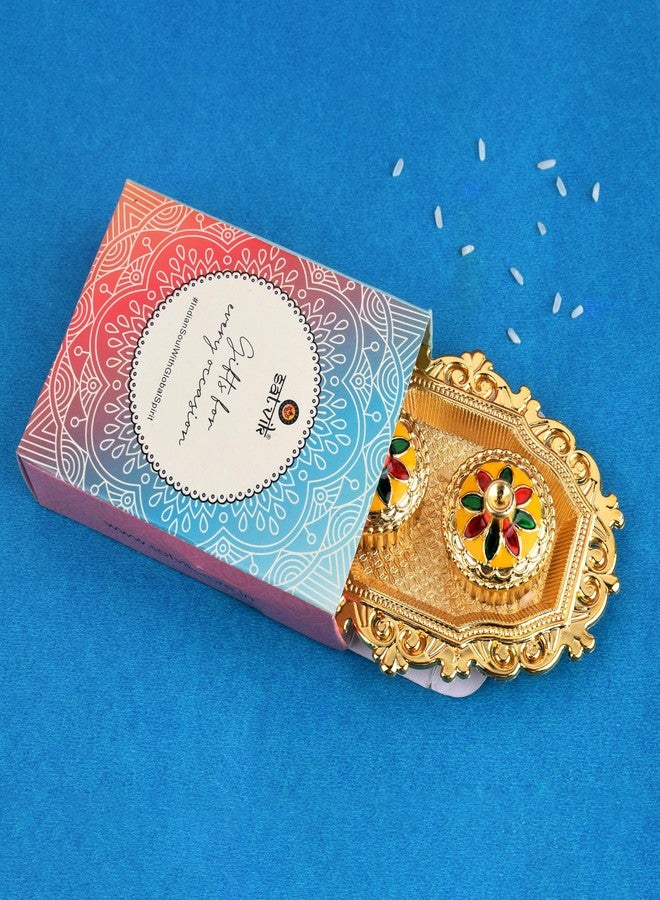 SATVIK STORE قطعة واحدة من SATVIK للديكور الذهبي Kankavati Roli Chawal/حامل الأرز مع غطاء، حامل Kumkum Haldi المصمم Rakhi Pooja Thali Festival Diwali Pujan Tika Roli Plate Indian Housewarming Return Gifts - Image 4