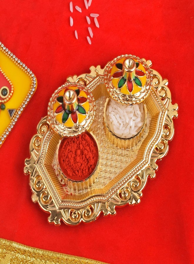 SATVIK STORE قطعة واحدة من SATVIK للديكور الذهبي Kankavati Roli Chawal/حامل الأرز مع غطاء، حامل Kumkum Haldi المصمم Rakhi Pooja Thali Festival Diwali Pujan Tika Roli Plate Indian Housewarming Return Gifts - Image 1