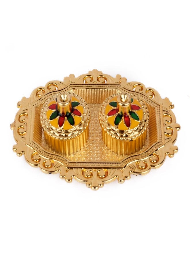 SATVIK STORE قطعة واحدة من SATVIK للديكور الذهبي Kankavati Roli Chawal/حامل الأرز مع غطاء، حامل Kumkum Haldi المصمم Rakhi Pooja Thali Festival Diwali Pujan Tika Roli Plate Indian Housewarming Return Gifts - Image 3