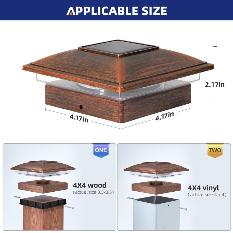 APONUO 12 Pack Fence Post Solar Lights, 2 Modes(Warm/Cool Light) Outdoor Waterproof 4x4 Post Solar Lights, Solar Powered Garden, Patio, Deck Decor for 4x4 Wood & Vinyl Posts, Copper - Image 5