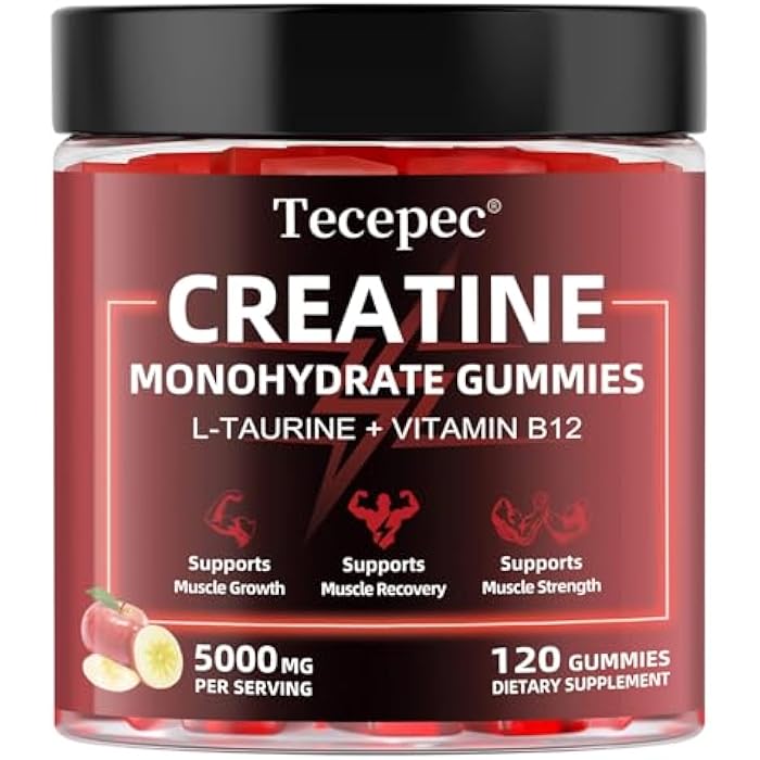 Tecepec Creatine Monohydrate Gummies for Men & Women, 120 Count, 5000mg Per Serving with L-Taurine & Vitamin B12, Creatine Supplement for Building Muscle, Strength and Recovery, Vegan, Apple Flavor - Image 1