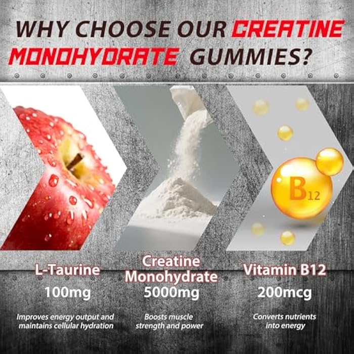 Tecepec Creatine Monohydrate Gummies for Men & Women, 120 Count, 5000mg Per Serving with L-Taurine & Vitamin B12, Creatine Supplement for Building Muscle, Strength and Recovery, Vegan, Apple Flavor - Image 3