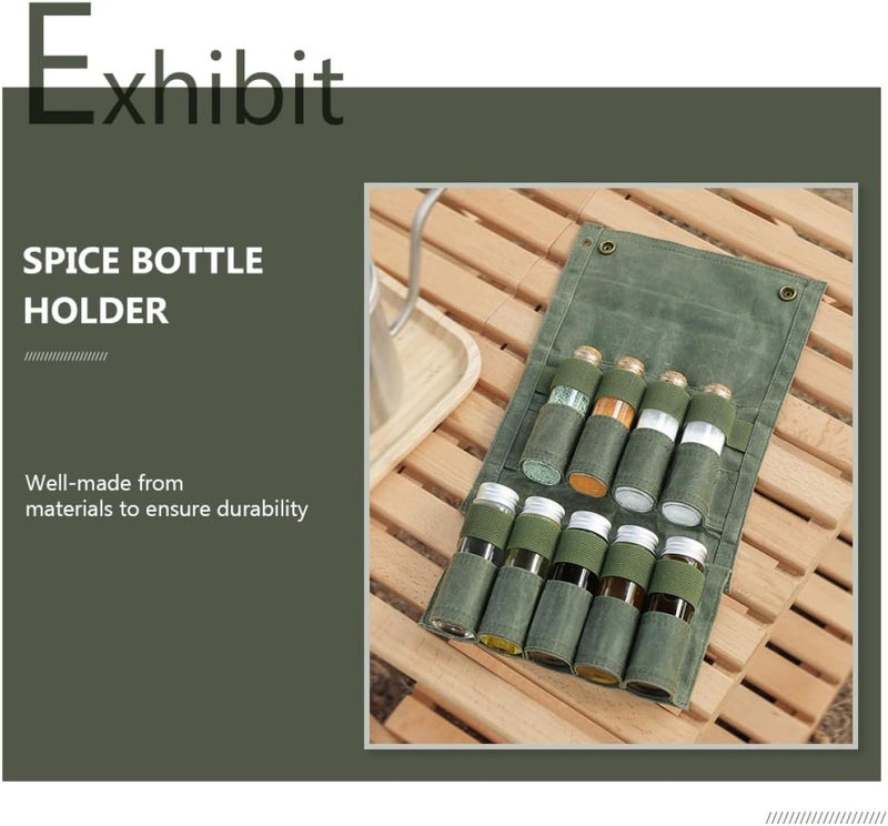 Outdoor Seasoning Pouch with 9 Mini Glass Spice Bottles, Military Green Condiment Bag for Camping Bbq Picnic Cooking Storage Organizer - Image 3