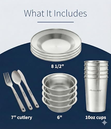 Wealers Unique Complete Messware Kit Polished Stainless Steel Dishes Set| Tableware| Dinnerware| Camping| Buffet| Includes - Cups | Plates| Bowls| Cutlery| Comes in Mesh Bags (4 Person Set) (Green) - Image 3