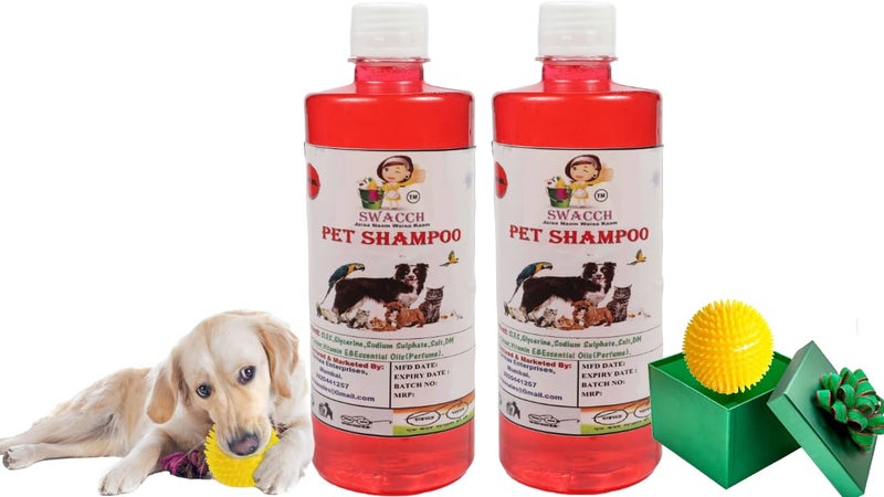 swacch Shampoo | Puppy Safe Shampoo | PH Balanced | Ditch to Itch for Pet Shampoo 500ml Pack of 2 (Strawberry) + Spike Ball Chew Toy Combo Pack - Image 1